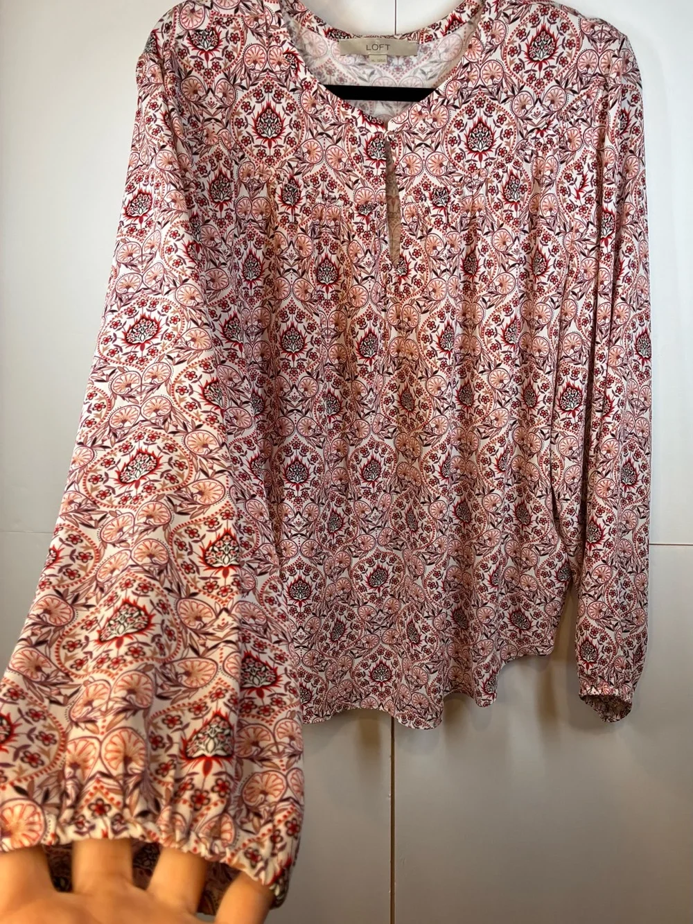 LOFT Boho Floral Medallion Print Keyhole Neck Long Sleeve Blouse Size XL